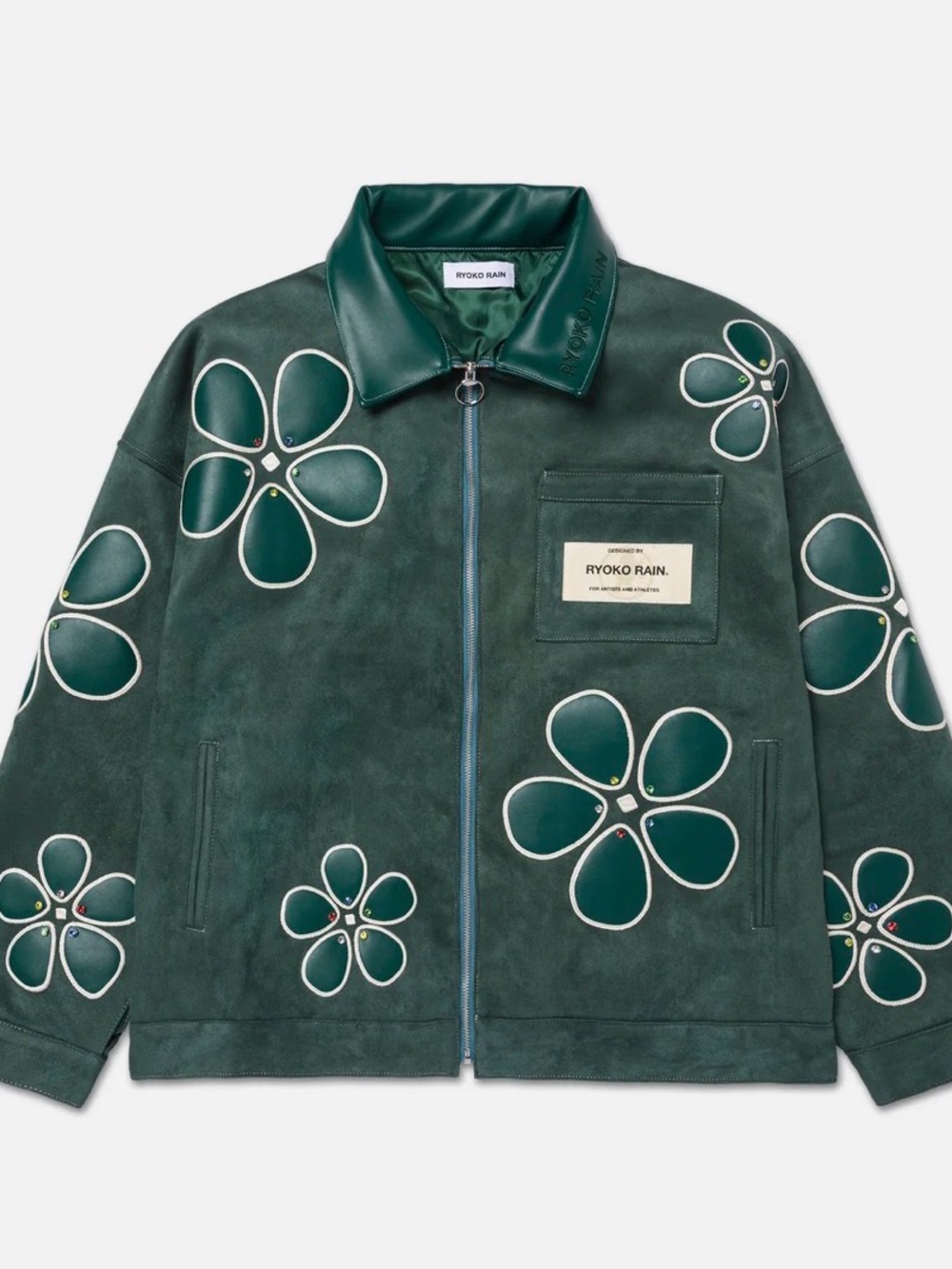Ryoko Rain Green Floral Suede Zip Jacket